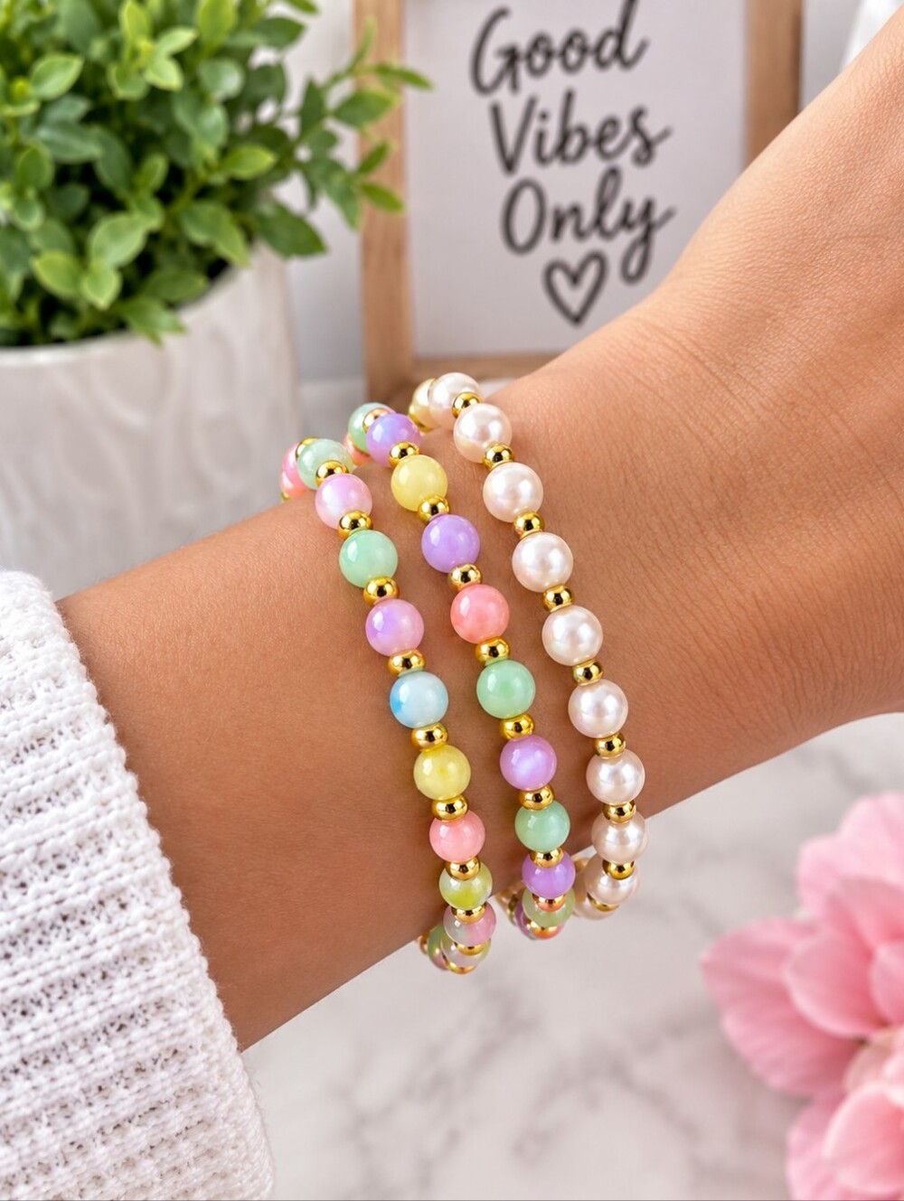 Pastel Beaded Stretch Bracelet Set with Gold Accents - Women Jewelry